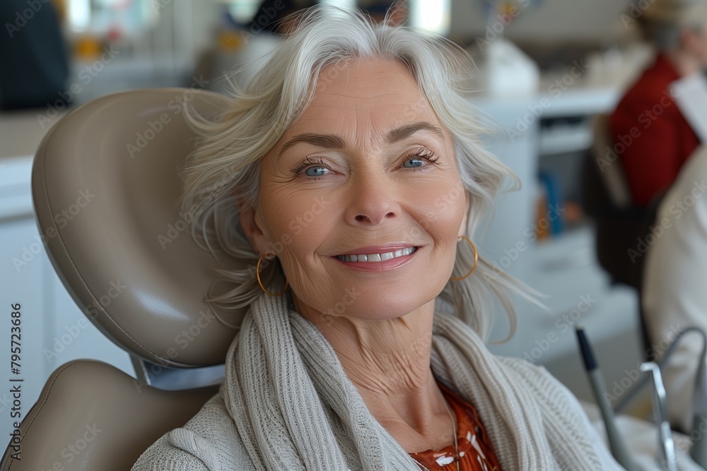 A mature woman with white hair sits in the dentist's chair. She smiles and she's happy