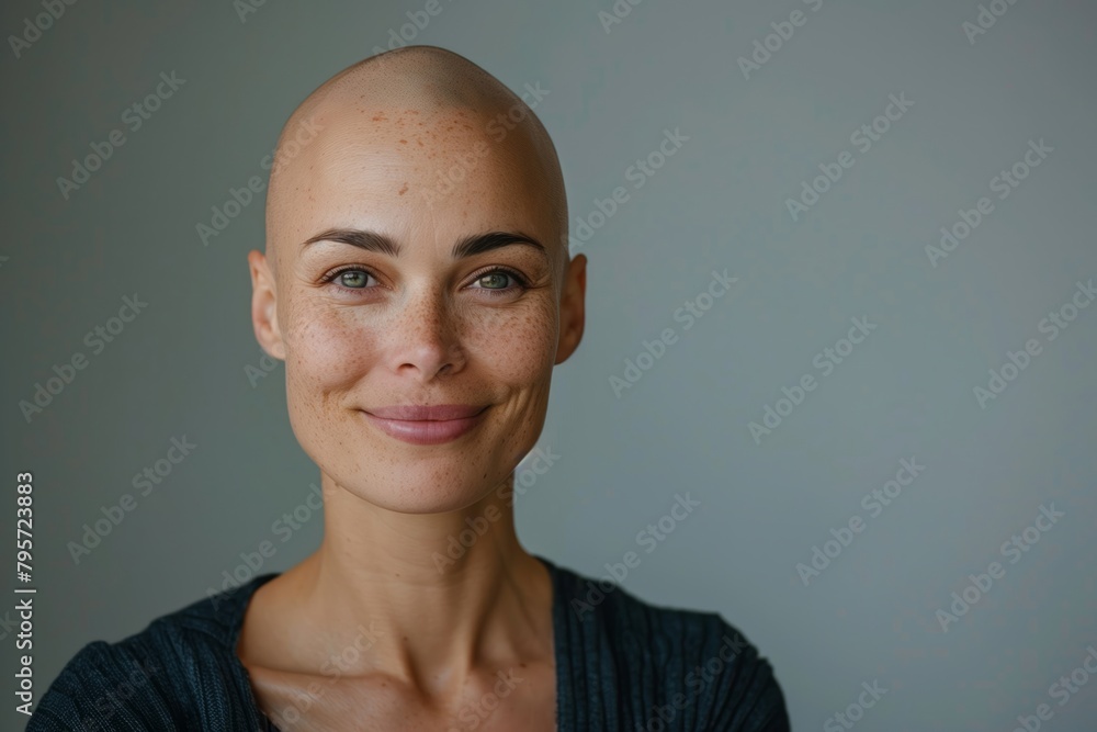 portrait of smiling bald woman suffering from cancer isolated on background portrait of smiling bald woman suffering from cancer isolated on background