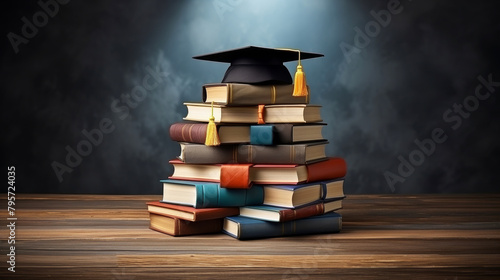 Graduation cap sits atop stack of colorful books on wooden table symbolizing achievement in education. Dark background highlights potential and promise of academic success