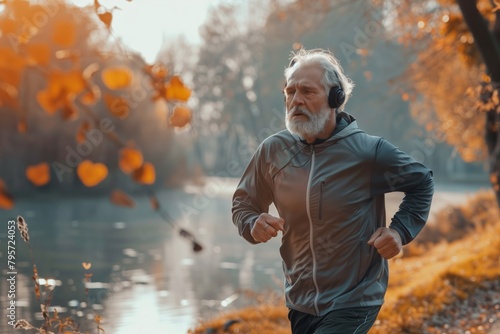 A man is running in the woods with a grey jacket and headphones on