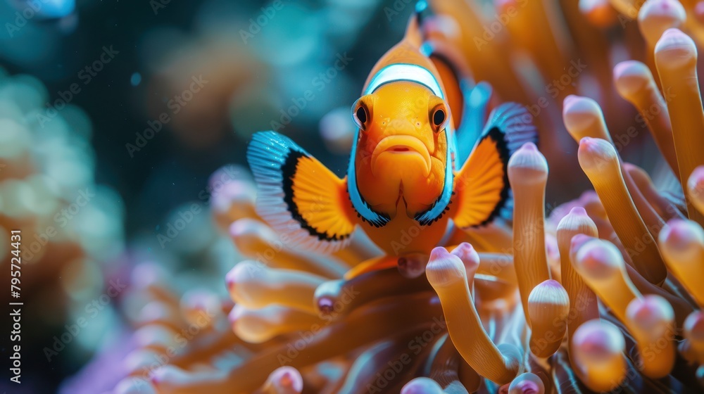 Close-up of a clownfish and sea anemone showcasing mutualism, with vivid colors highlighting the protective and nutritional benefits they share Close-up of a clownfish and sea anemone showcasing mutualism, with vivid colors highlighting the protective and nutritional benefits they share