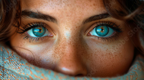 Close Up of Woman With Blue Eyes. Generative AI