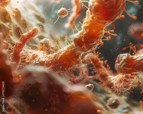 Close-up of a bacterial biofilm on a surface, highlighting the complex structure and diversity, rendered in high definition for educational content