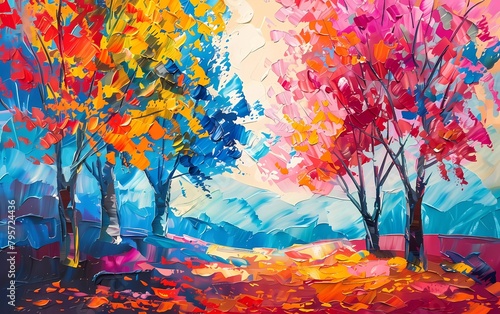 Oil painting landscape  colorful trees. Hand Painted Impressionists