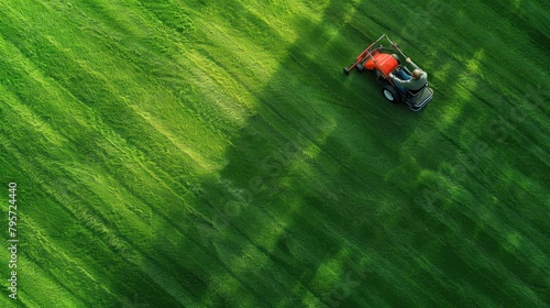 Top view, Lawn mower on green grass in a modern garden. Machine for cutting lawns. © inthasone