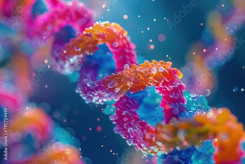 Close-up of a colorful, abstract interpretation of genetic transfer in bacteria, using plasmids to highlight the complexity and beauty of biotechnology