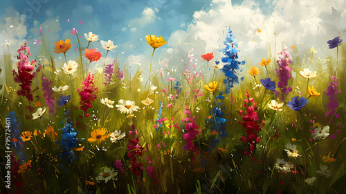 Digital oil painting of a lush blooming summer meadow with colorful wildflowers  perfect for wallpaper or art print.