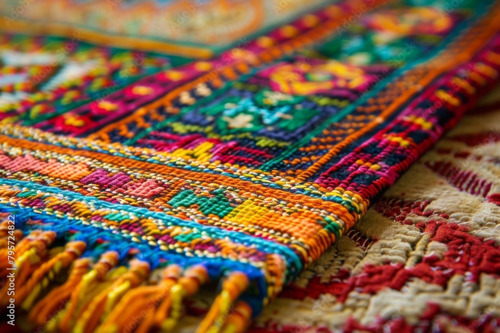 Closeup of vibrant woolen rug with tassels in magenta and electric blue tones.Islam. prayer. religion Closeup of vibrant woolen rug with tassels in magenta and electric blue tones.Islam. prayer. religion
