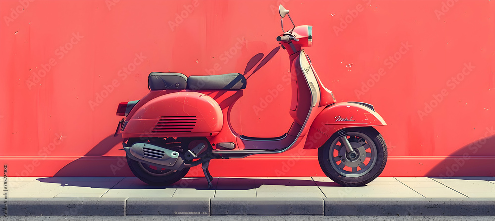 Fototapeta premium An illustration of a minimalist scooter parked against a bright wall