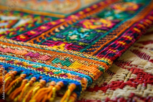Closeup of vibrant woolen rug with tassels in magenta and electric blue tones.Islam. prayer. religion © lena