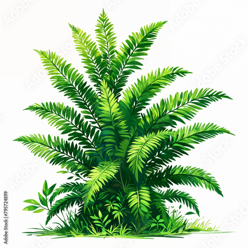 A vibrant, green fern plant with multiple fronds and leaves, set against a plain background.