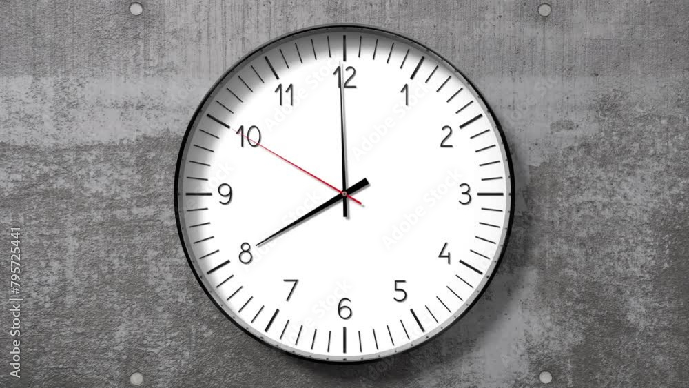 Classic clock on concrete wall showing 8 o clock - 3D 4k animation (3840 x 2160 px) Classic clock on concrete wall showing 8 o clock - 3D 4k animation (3840 x 2160 px)
