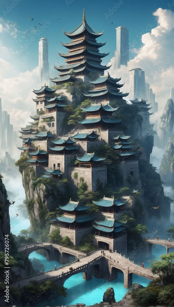 Celestial City, Imaginative Artwork Showcasing a Fantasy Urban Landscape with Chinese Aesthetics.