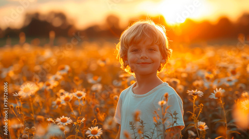 Little Boy Standing in Field of Daisies. Generative AI