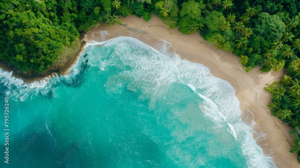 Gorgeous aerial view of turquoise waves crashing on lush tropical beach for summer vacations, evokes feelings of relaxation and adventure. Copy space.