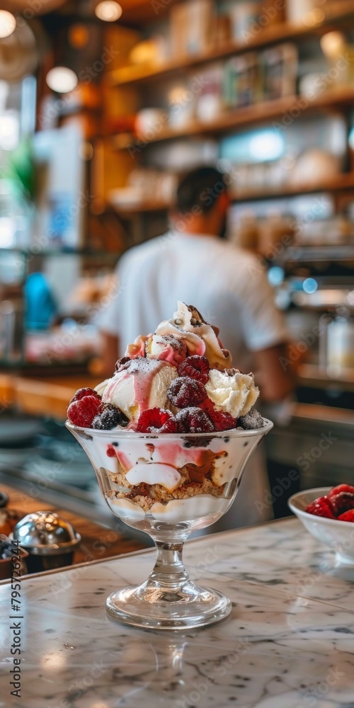 Beautiful summer dessert, delicious mixed berry ice cream sundae in foreground, blurred bartender in background, vibrant colors evoke festive mood.