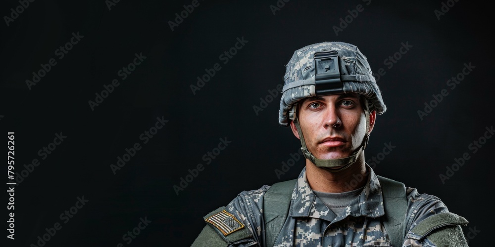 Impressive portrait of determined soldier in uniform, intense facial expression, dark background, military pride theme, suitable for Veteran's Day promotions. Copy space.