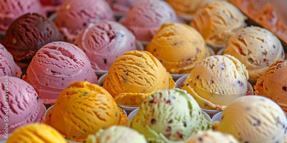 Colorful array of gourmet ice cream scoops in various flavors on display, perfect for summer treats and dessert menus. Colorful array of gourmet ice cream scoops in various flavors on display, perfect for summer treats and dessert menus.