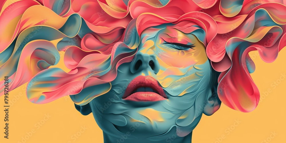 Vibrant digital artwork of woman with colorful flowing hair inspired by dreamlike themes, ideal for creative expression and artistic events.