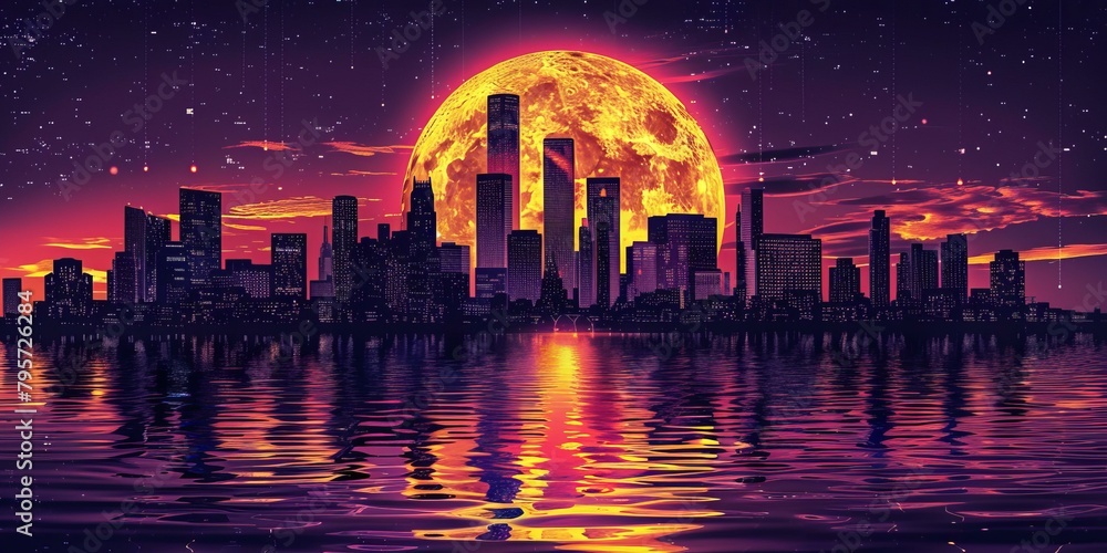 Majestic city skyline with enormous moonrise over water, cityscape bathed in purple & orange hues evoking futuristic vibes, peaceful twilight scene. Majestic city skyline with enormous moonrise over water, cityscape bathed in purple & orange hues evoking futuristic vibes, peaceful twilight scene.