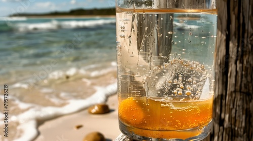  A glass with liquid sits on the sandy beach next to a tranquil body of water Wave gently rolls in