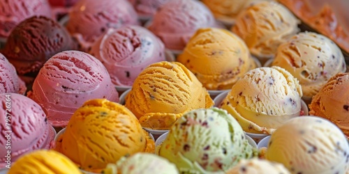 Colorful array of gourmet ice cream scoops in various flavors on display, perfect for summer treats and dessert menus.