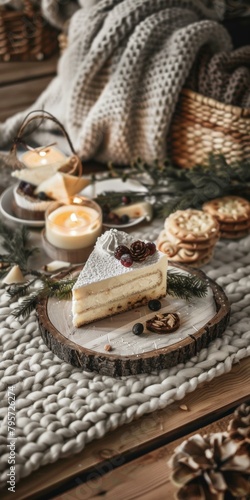 Captivating holiday dessert scene with cheesecake, candles, and cozy winter decor suggesting warmth and festive celebration.
