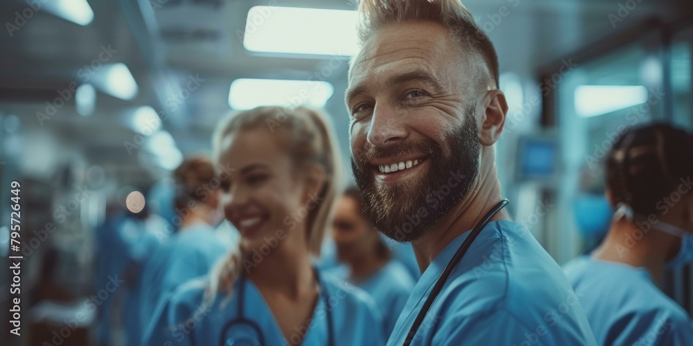 Joyful healthcare team in blue scrubs laughing in hospital hallway during break, promoting teamwork and compassion in medical settings. Joyful healthcare team in blue scrubs laughing in hospital hallway during break, promoting teamwork and compassion in medical settings.