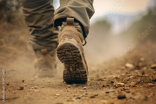 Back view of man in boots walking through dusty ground photo