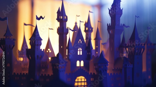 Intricate Paper Castle Scene at Dusk Silhouette Photography.