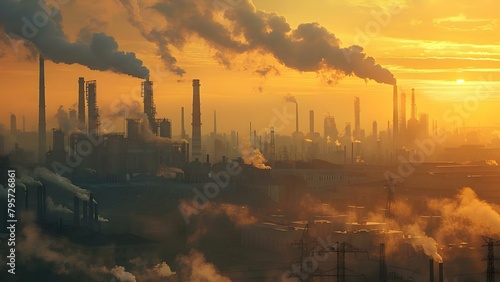 Industrial Zone: Factories Emitting Smoke and Pollution, Capturing a Gritty Scene. Concept Industrial Zone, Pollution Photography, Gritty Atmosphere, Factory Emissions, Urban Landscapes