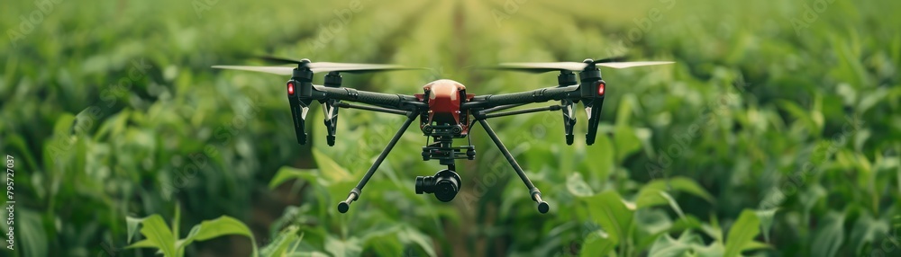 Close-up view of a drone flying over a crop field, equipped with sensors for detecting pest activity and distributing biological control agents Close-up view of a drone flying over a crop field, equipped with sensors for detecting pest activity and distributing biological control agents