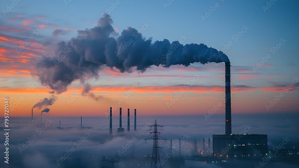 Thick smoke billowing from tall smokestack at industrial plant indicates serious pollution. Concept Air Pollution, Industrial Emissions, Environmental Impact, Pollution Control, Climate Change