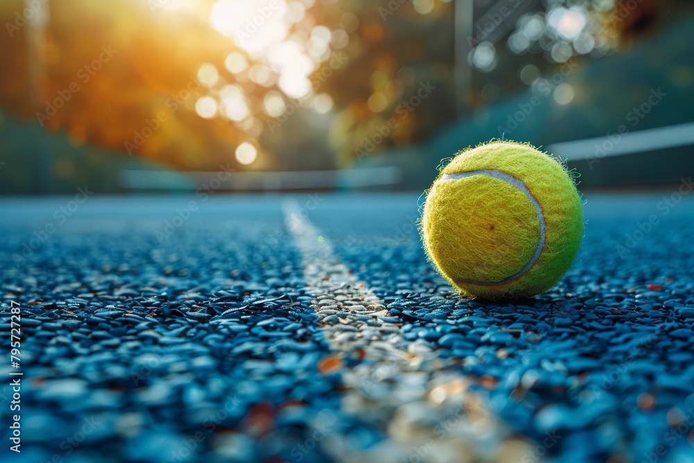A close-up of a tennis ball resting on a blue hard court with sun filtering through at sunrise, highlighting the texture