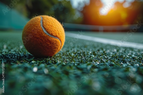 An intimate view of a tennis ball on a gritty hard court surface  awaiting the next play as the day ends