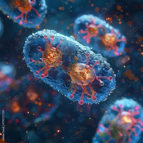 Close-up view of bacteria undergoing binary fission, highlighting the splitting process and resulting in two identical cells, ideal for biology education photo