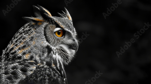   A tight shot of an owl s expressive face  showcasing vibrant orange and yellow eyes set in the middle of its head