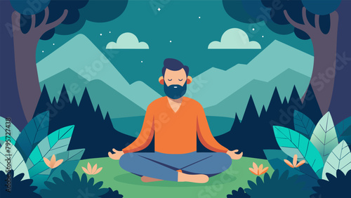 A man meditating in a forest finding inner peace and clarity as he navigates the complexities of caring for an aging parent while raising a