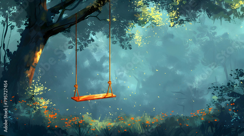 An illustration of a minimalist swing hanging from a tree branch