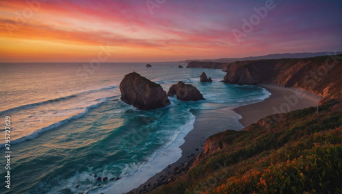 Coastal Canvas, A Vibrant Landscape with a Coastal Scene Painted in the Colors of a Setting Sun.