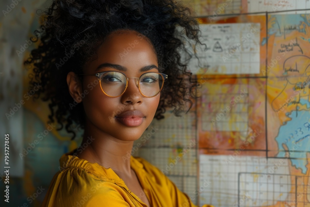 A poised young woman with curly hair and glasses in front of an illustrated map A poised young woman with curly hair and glasses in front of an illustrated map