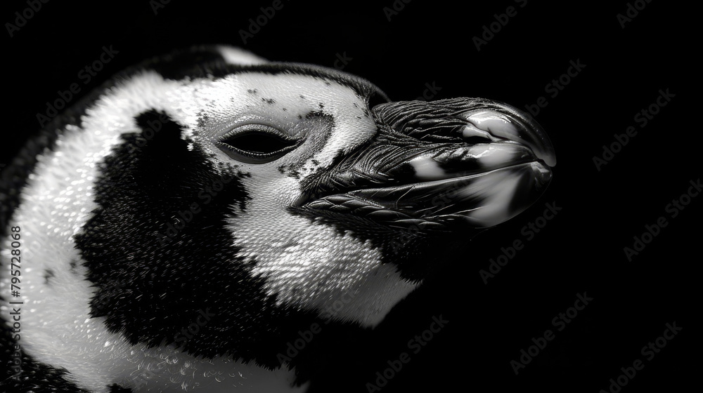 A tight shot of a black-and-white bird against a jet-black backdrop, its visage adorned with a striking, patterned mask in monochrome A tight shot of a black-and-white bird against a jet-black backdrop, its visage adorned with a striking, patterned mask in monochrome
