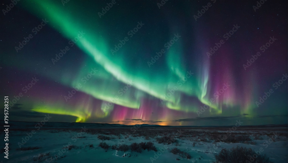 Celestial Skies, A Vibrant Landscape with a Celestial Display of Northern Lights Dancing Across the Night Sky.