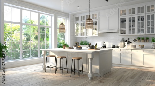 A bright and airy kitchen with large windows, white shaker cabinets, and a central island with bar stools photo