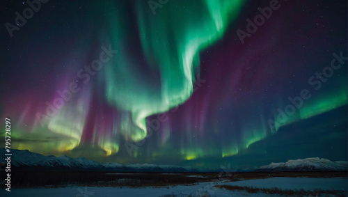 Celestial Skies, A Vibrant Landscape with a Celestial Display of Northern Lights Dancing Across the Night Sky. © xKas
