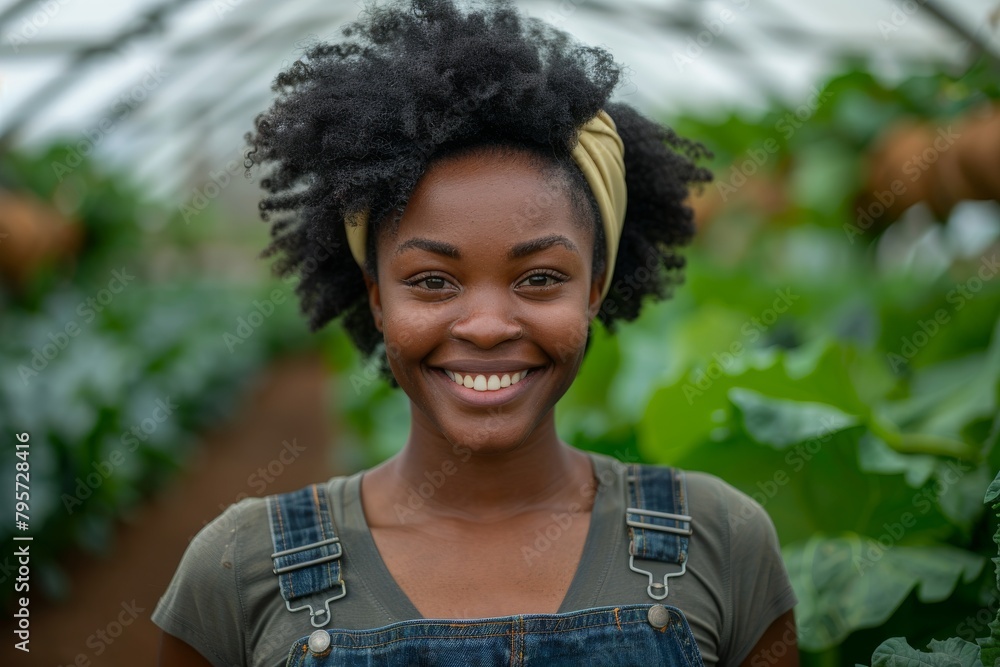 Bright and joyful woman with a beaming smile in an agricultural greenhouse setting Bright and joyful woman with a beaming smile in an agricultural greenhouse setting