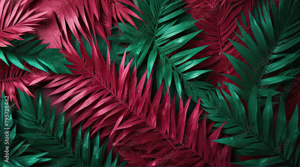 Palm leaves in contrasting pink and green shades with dew drops on a dark background