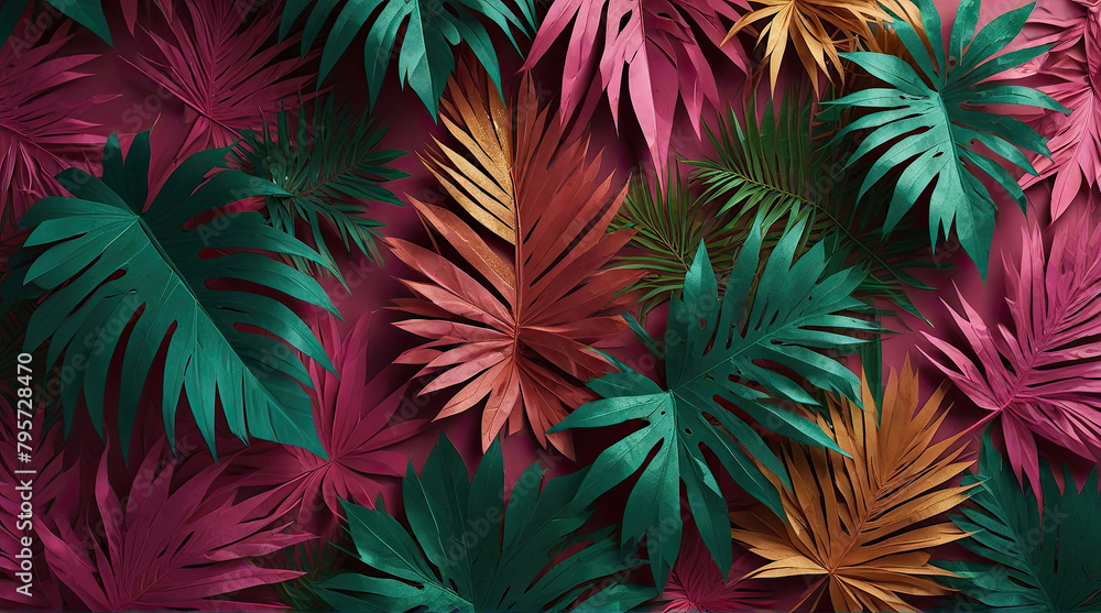 Palm leaves in contrasting pink and green shades on a pink background