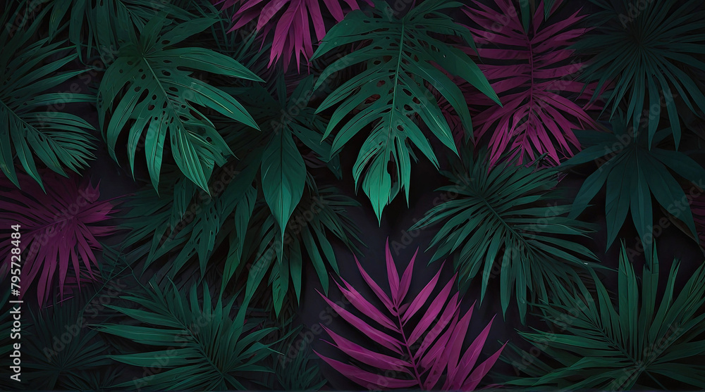 Palm leaves in contrasting pink and green shades on a dark background