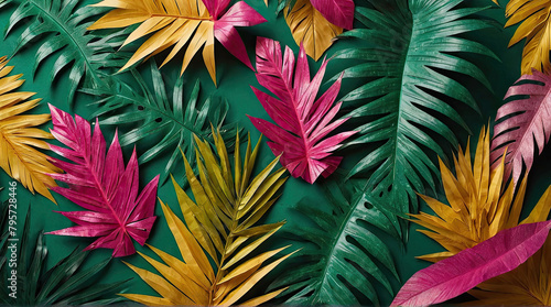 Palm leaves in contrasting pink and green shades on a green background © Jackie